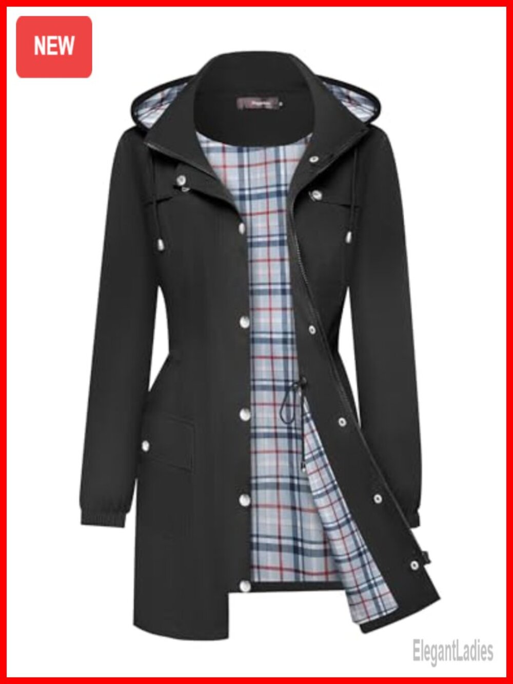 Waterproof Rain Jacket Women Lightweight Hooded Plaid Lined Trench Coat